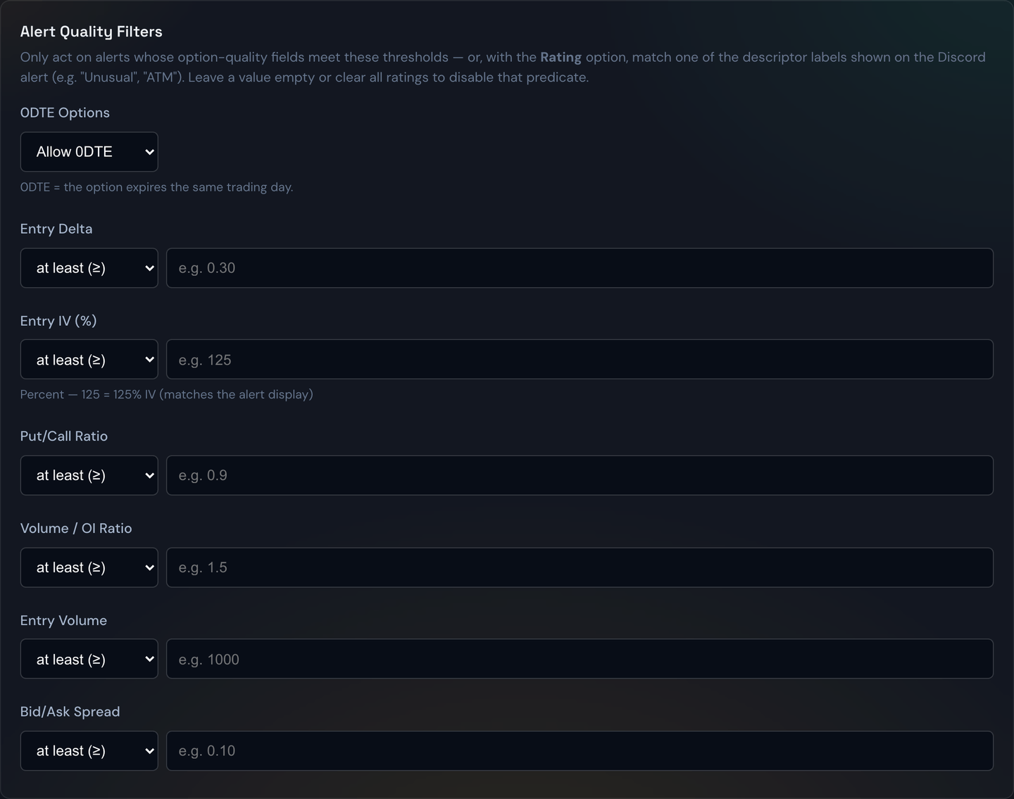 The Alert Quality Filters section in a strategy's Filters tab, with the 0DTE dropdown and the delta, IV, ratio, volume, and spread thresholds