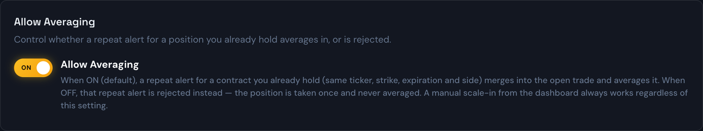 The Allow Averaging toggle on the Strategies page