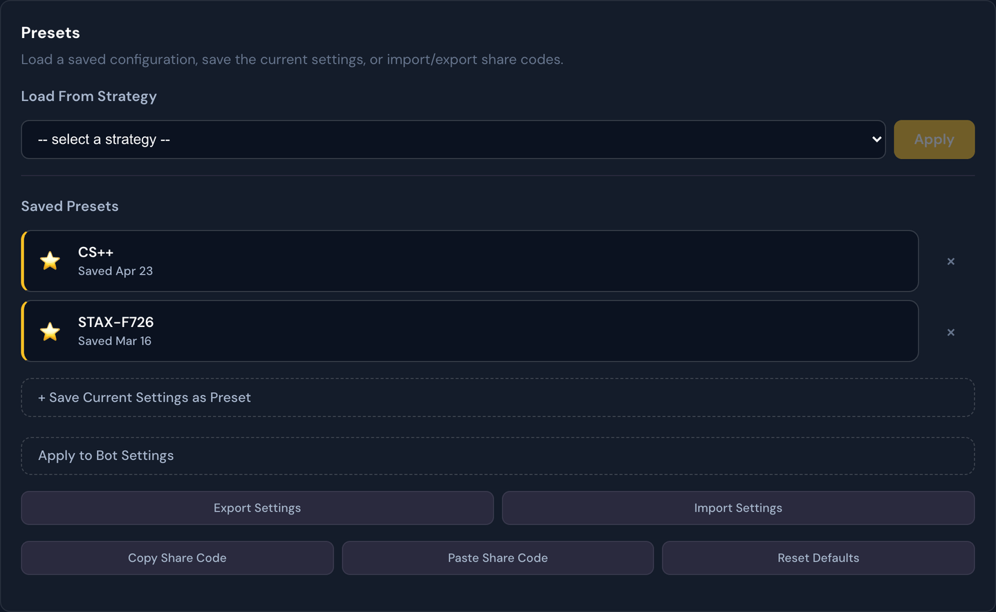 The Presets tab — load from a strategy, save and reload presets, and apply a setup to your bot