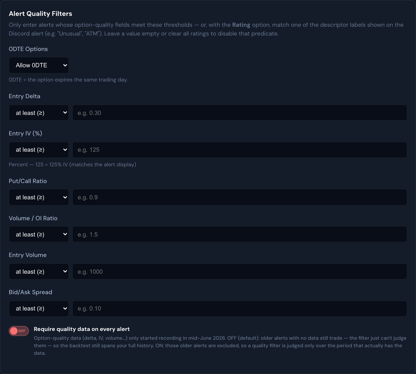 The Alert Quality Filters section on the Backtest page's Strategy tab — the 0DTE dropdown, the per-field thresholds, and the "Require quality data" toggle