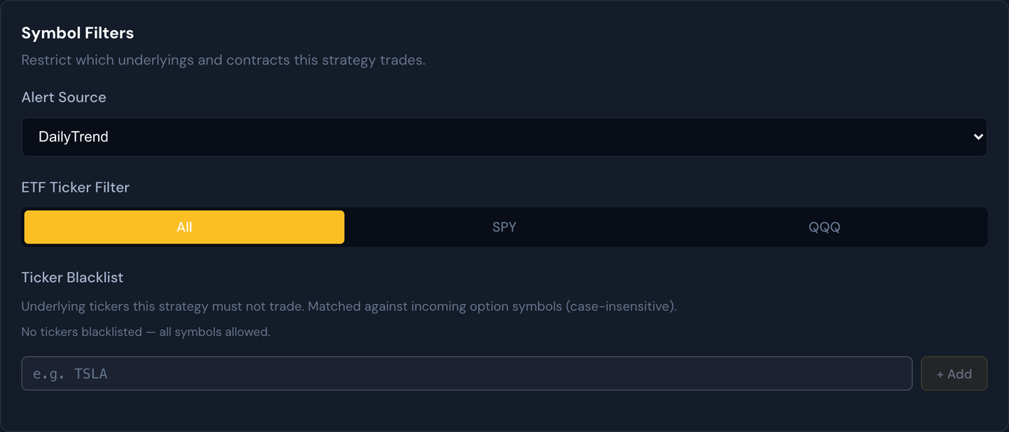 The Symbol Filters section — alert source, ETF ticker filter, and ticker blacklist