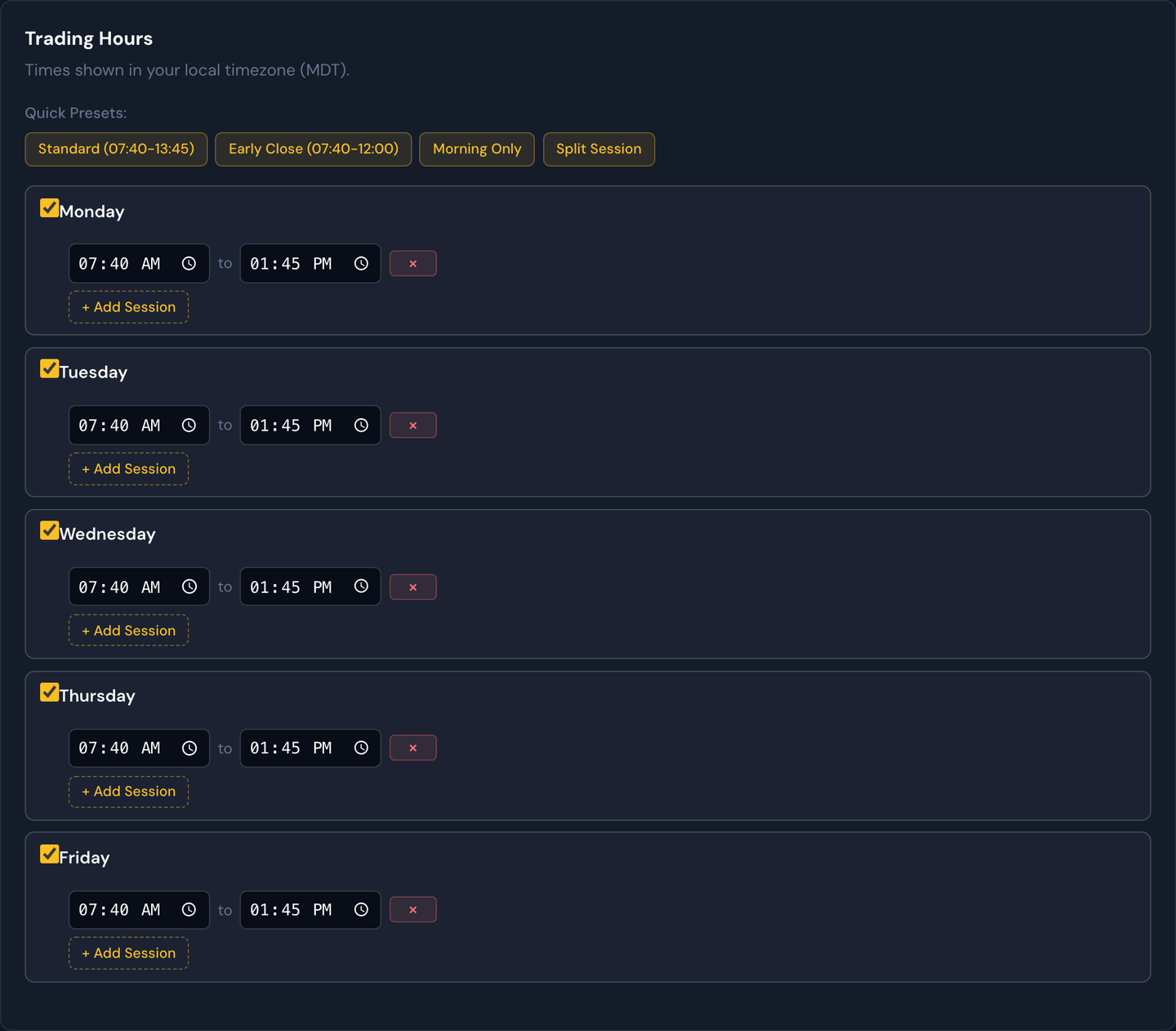 The Trading Hours section — the per-day time windows trades may open in