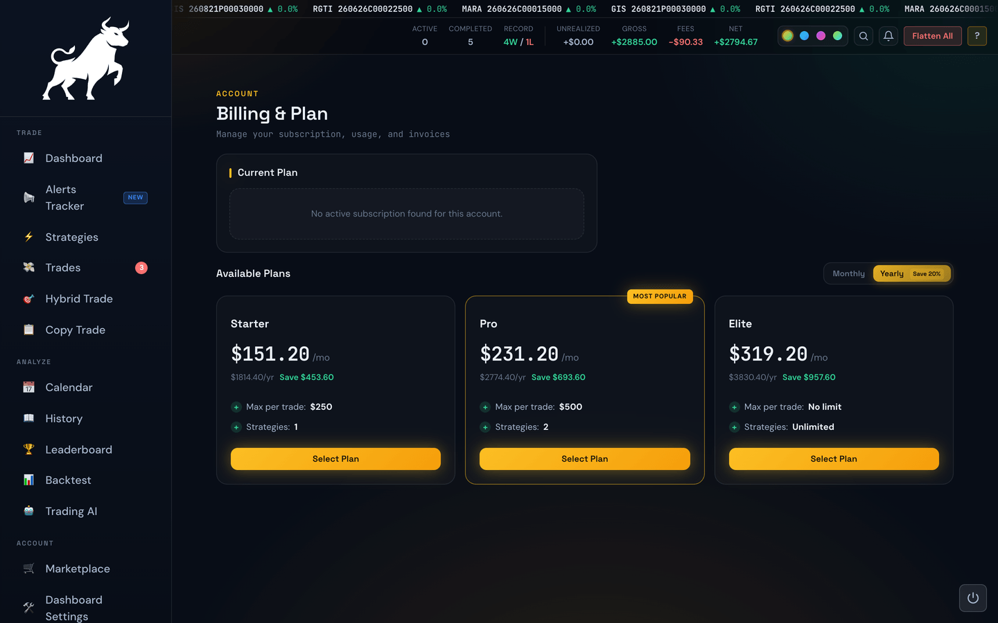The Billing page showing your current plan card