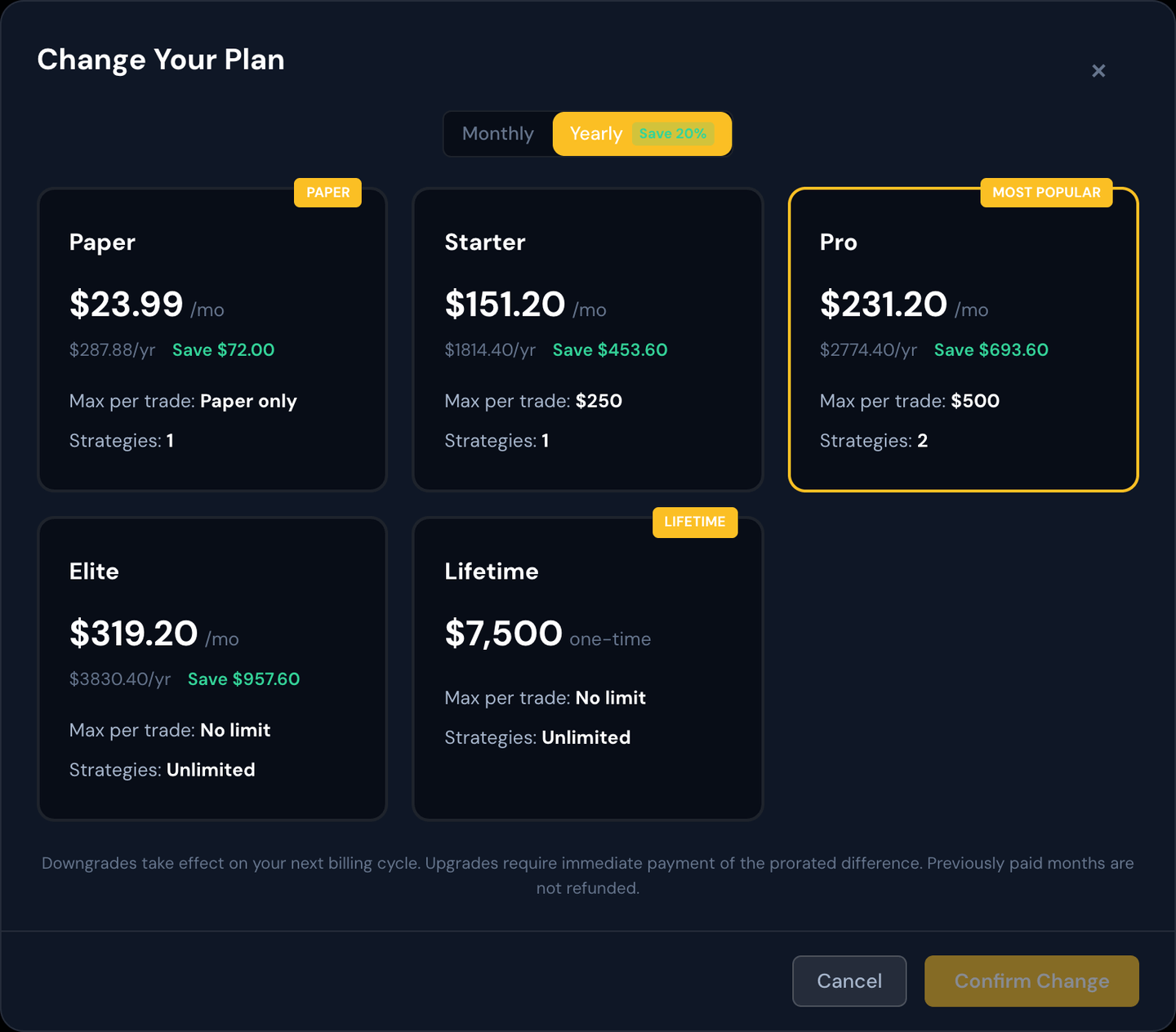 The Change Your Plan modal showing the Starter, Pro, and Elite tiers with the Monthly / Yearly toggle