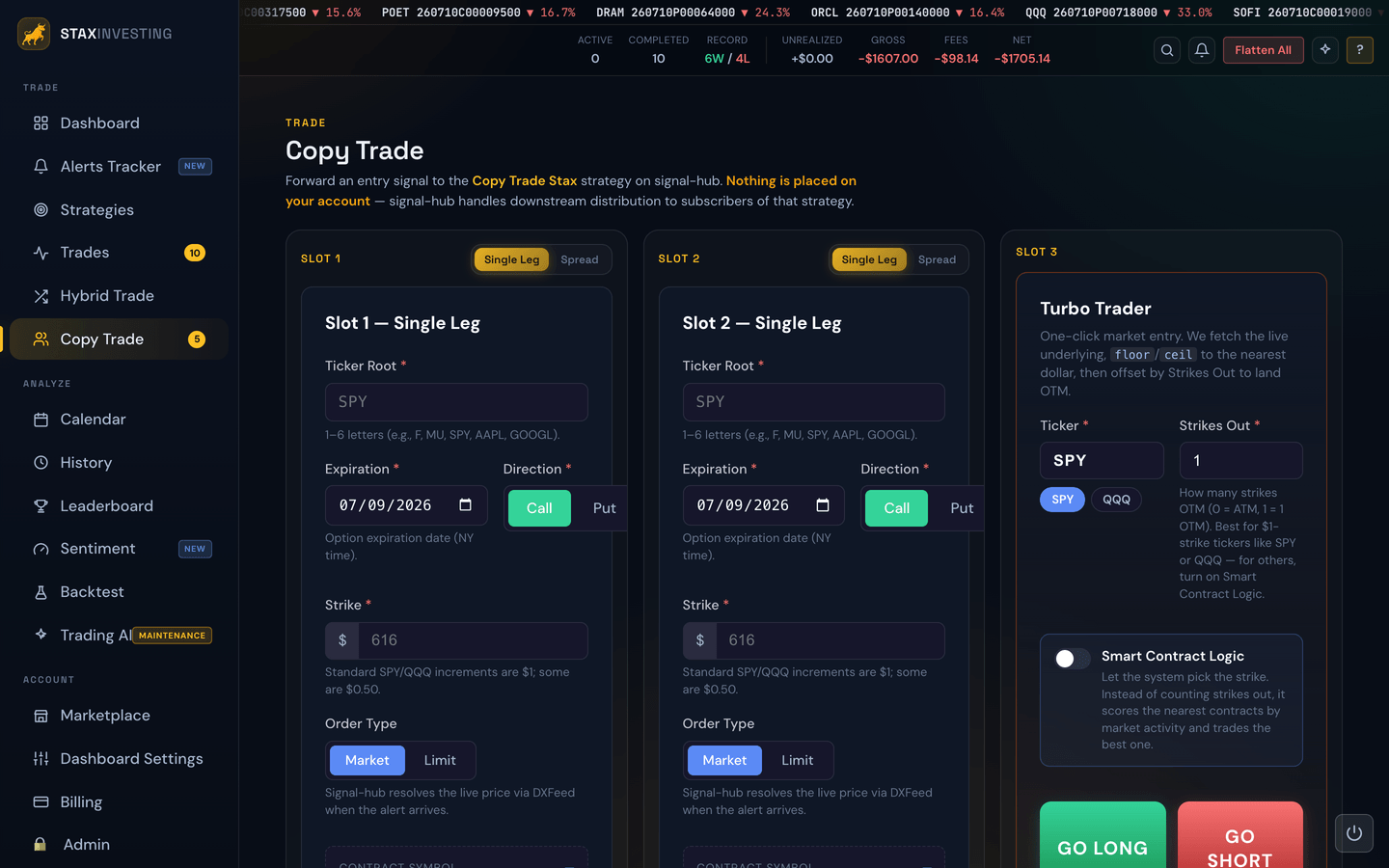 The Copy Trade page with its entry slots above the live alerts table