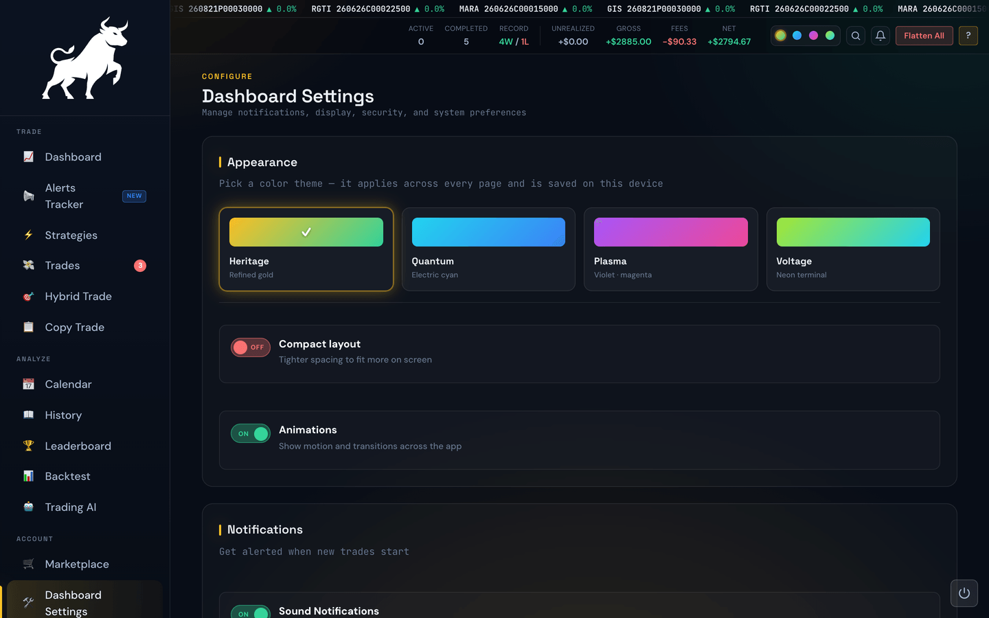 The Dashboard Settings page with notification, display, and security preferences