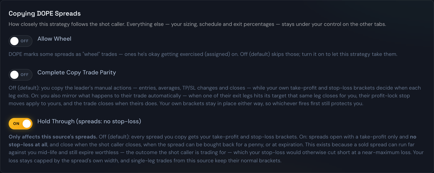 The Hold Through switch on a strategy's Copy Trade tab