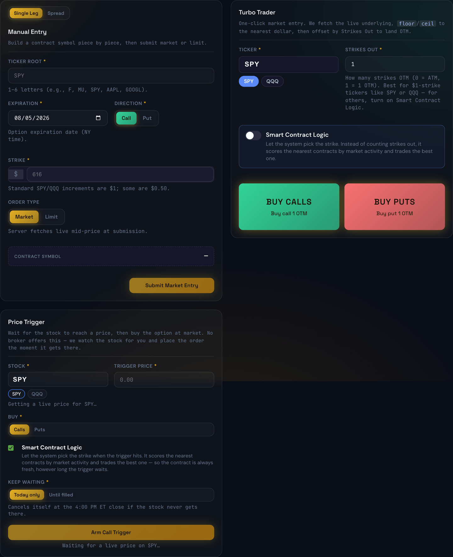 The Hybrid Trade page with a futures strategy selected: a limit entry form and Turbo Trader