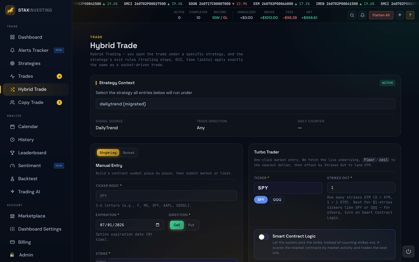 The Hybrid Trade entry form with the strategy context banner above it