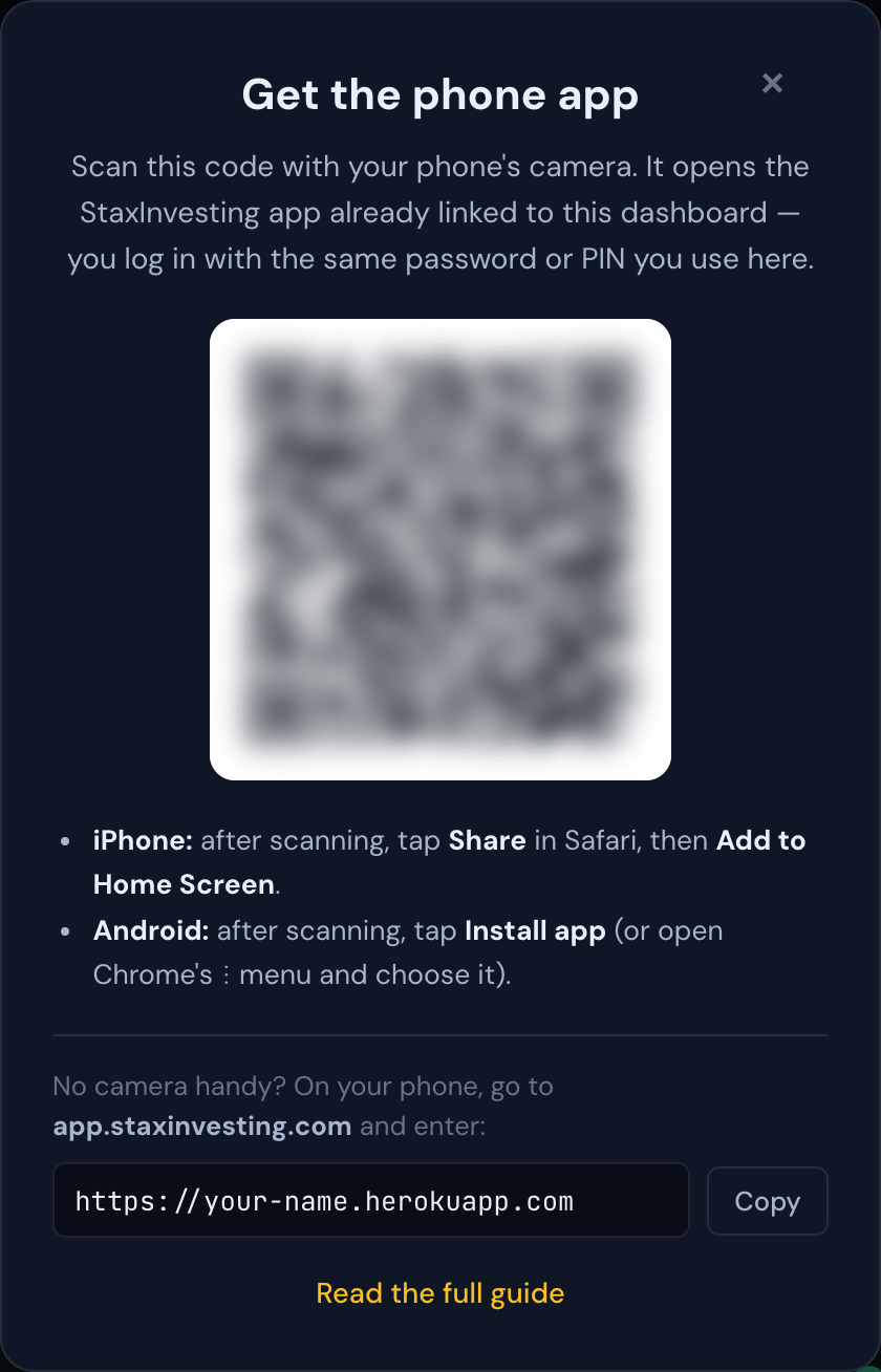 The Phone App window with its QR code