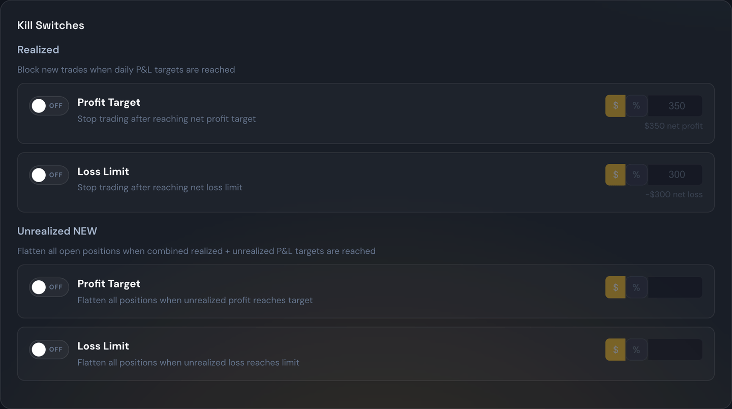 The Kill Switches configuration — Realized (Profit Target and Loss Limit) and the Unrealized targets — in the Strategies page Account Settings card