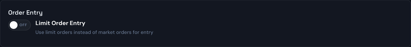 The Order Entry box on a strategy's Risk & Orders tab — the Limit Order Entry switch and the Order Fill Timeout