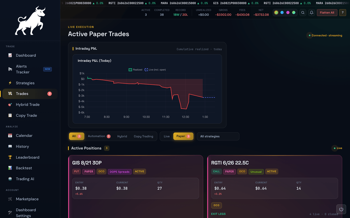 The Live Trades page, where each trade card carries its own Close button and the top banner holds Flatten All
