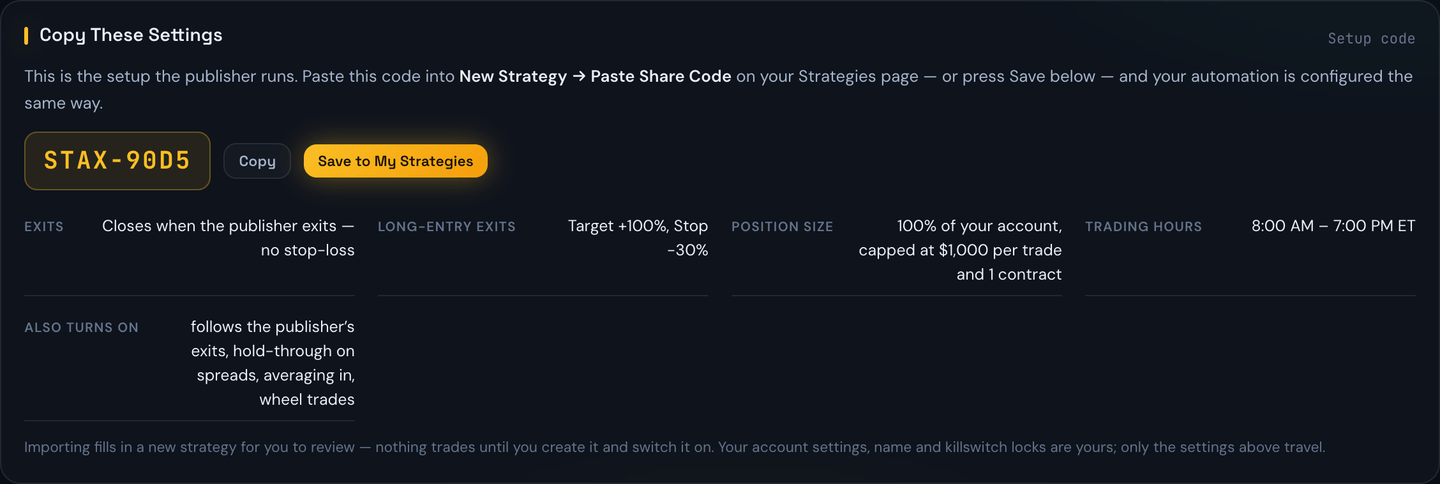 The Copy These Settings panel on a strategy listing, showing its setup code and what the code contains