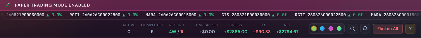 In Paper mode a pink banner runs across the top — rehearse with simulated money before going live