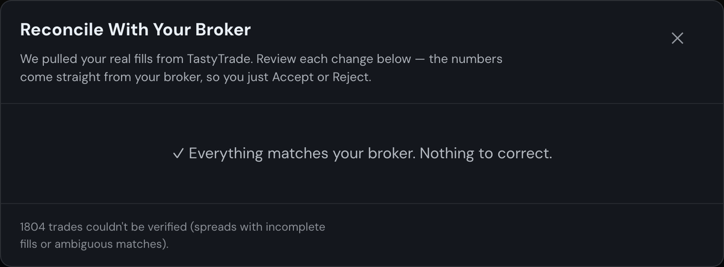The Reconcile review window listing trades that differ, with old values crossed out beside the broker-true values and Accept selected