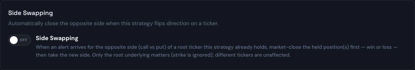 The Side Swapping toggle on the Strategies page