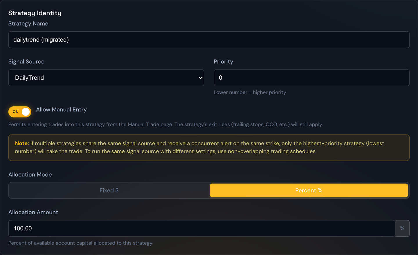 Choosing a strategy's signal source in the strategy editor