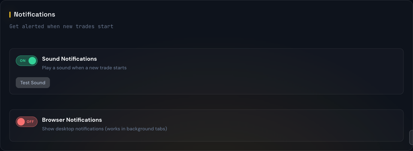 The Sound Alerts settings with Entry, Win, and Loss sound pickers