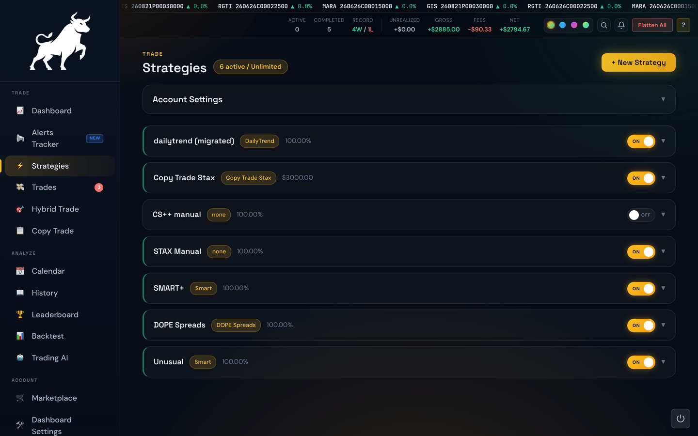 The Strategies page holds the trading rules that Settings Lock freezes