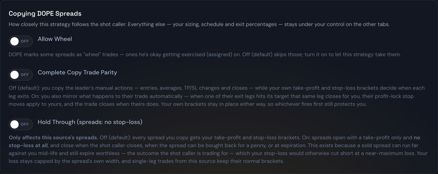 The Copy Trade tab of the strategy editor