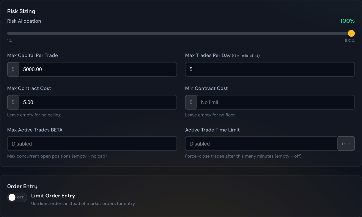 The Risk & Orders tab of the strategy editor