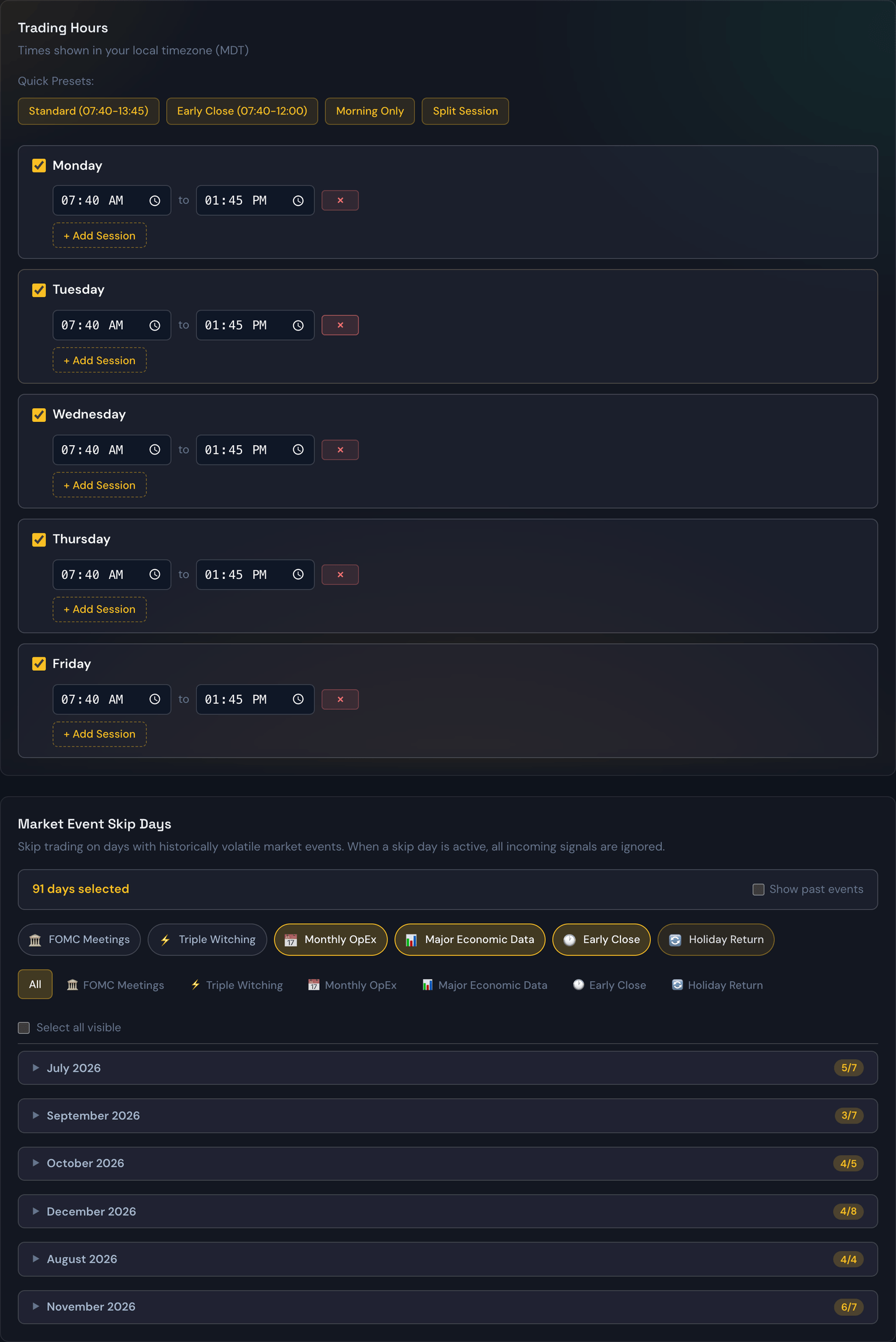 The Schedule tab of the strategy editor
