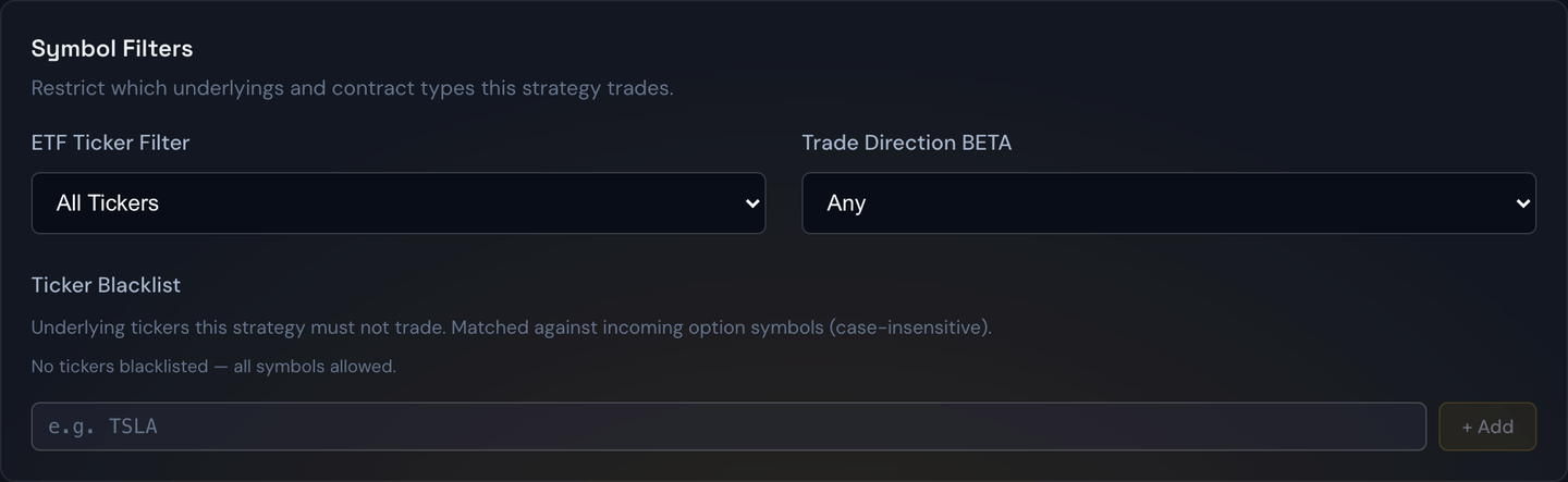The Symbol Filters box on a strategy's Filters tab — the ETF ticker filter, trade direction, and the ticker blacklist