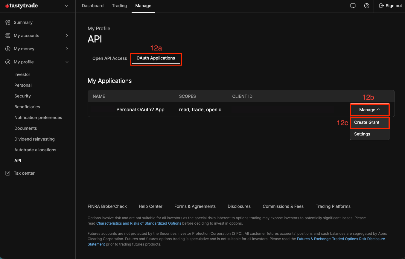 The OAuth Applications tab, with Manage and Create Grant