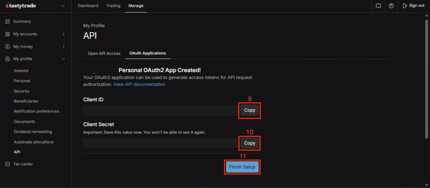 The Client ID and Client Secret tastytrade issues
