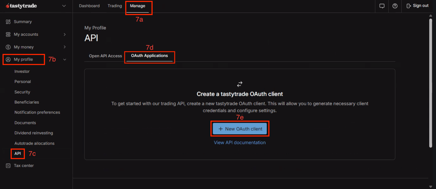 The tastytrade API section, with the New OAuth Client button