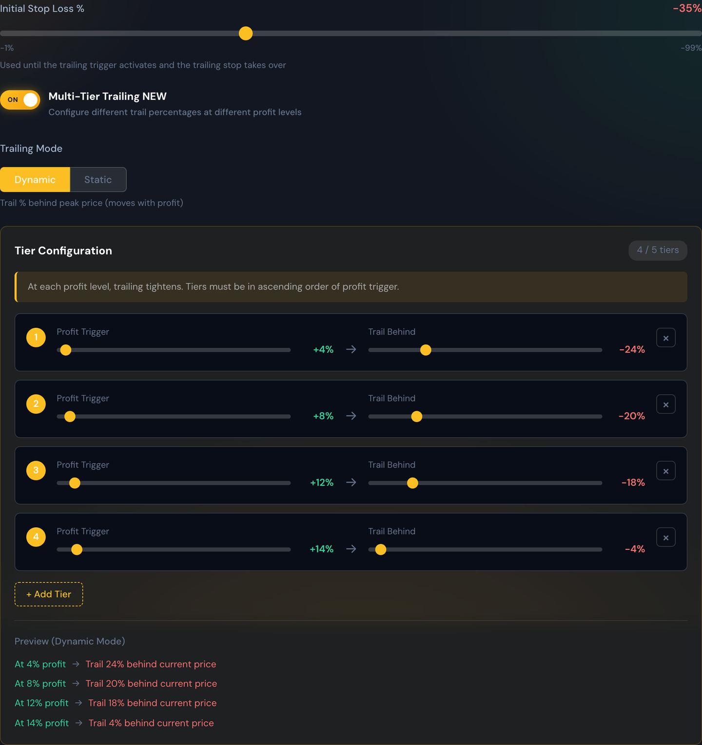 The trailing-stop settings in the strategy editor — the trigger and trail inputs