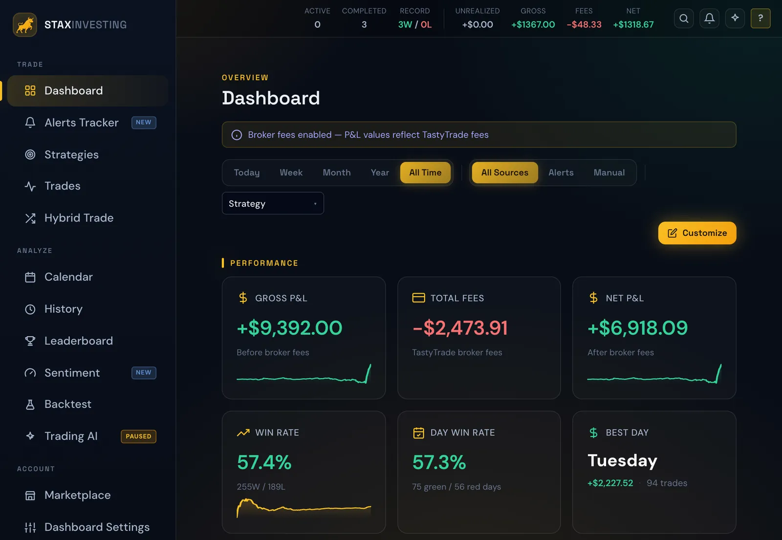 STAX automation dashboard — live account equity, P&L, and open positions