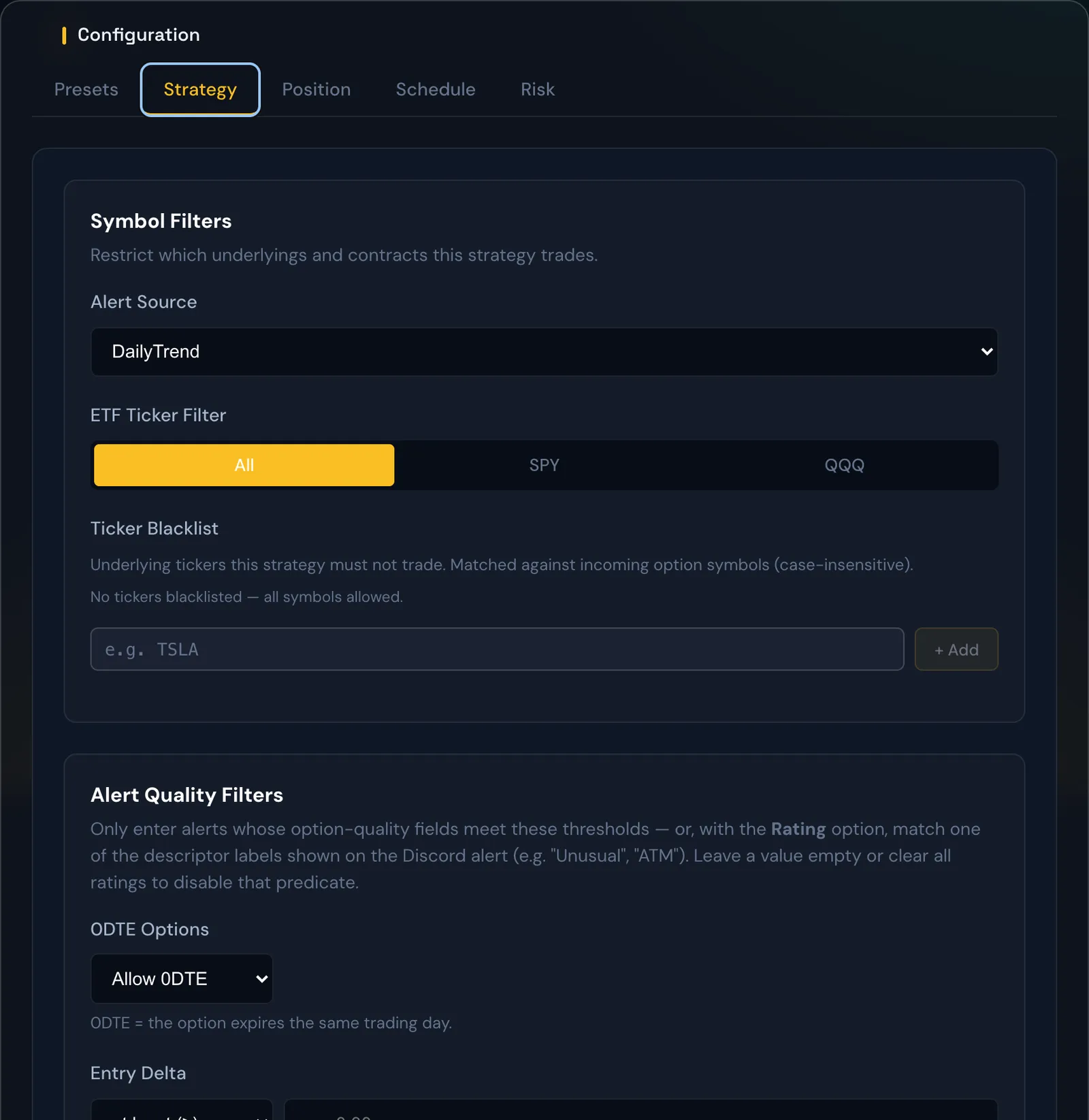 The STAX backtest engine — strategy configuration over the full historical alert archive