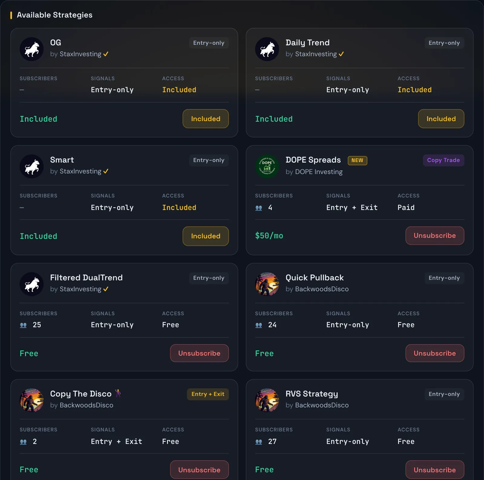 The STAX copy-trading marketplace — ranked signal sources with live track records